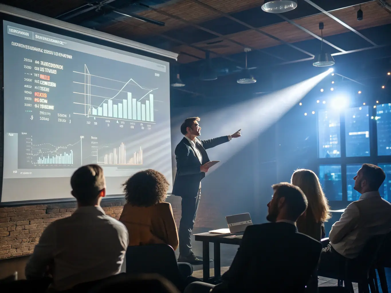An image of a leader delivering a presentation to a group, symbolising leadership growth. The leader is confident and engaging, with a slide deck visible in the background, conveying a sense of expertise and vision.