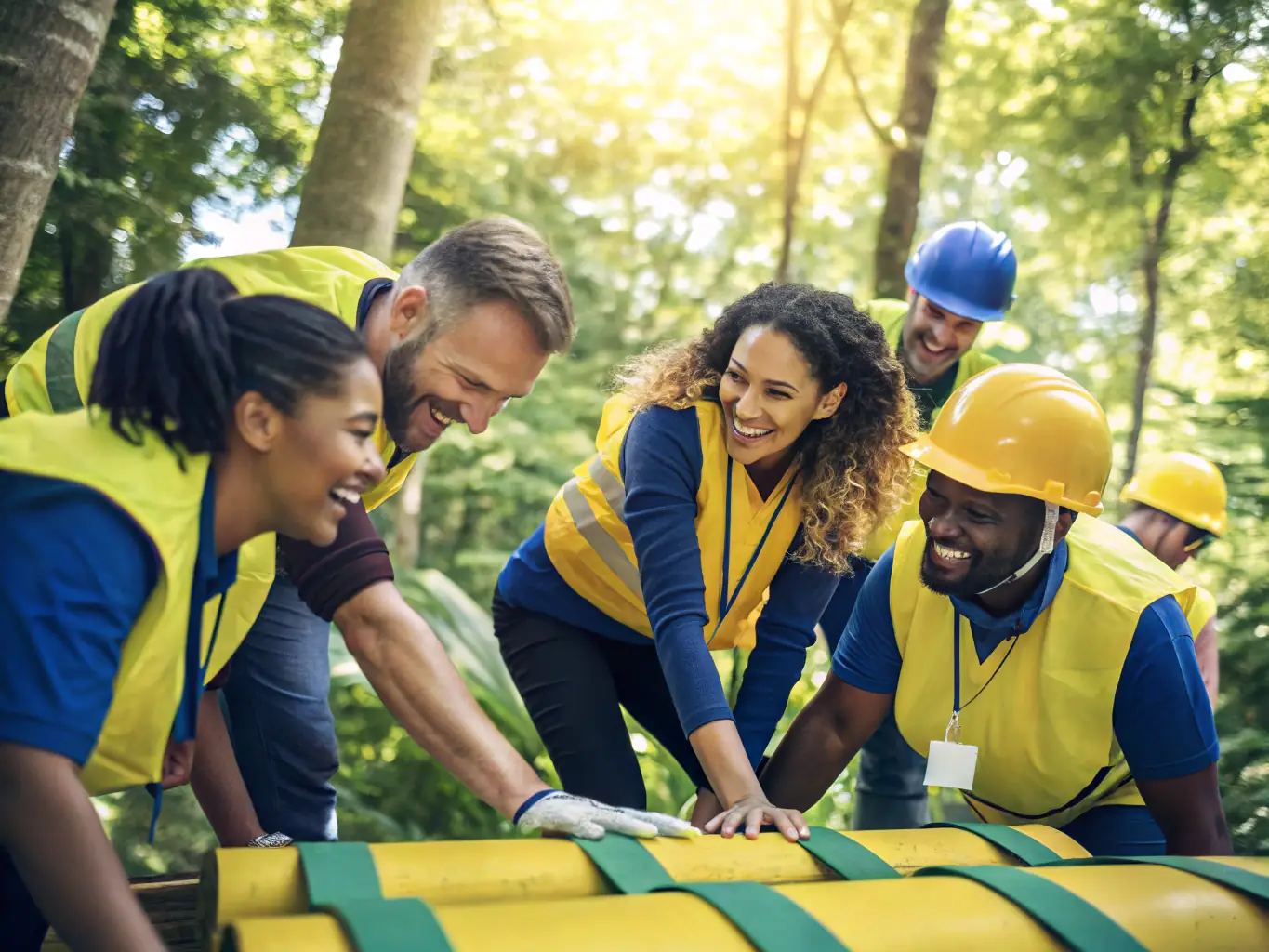 A photo of a team participating in an outdoor team-building activity, demonstrating collaboration and trust. The team is working together to solve a problem, with ropes and obstacles visible in the background, conveying a sense of camaraderie and achievement.